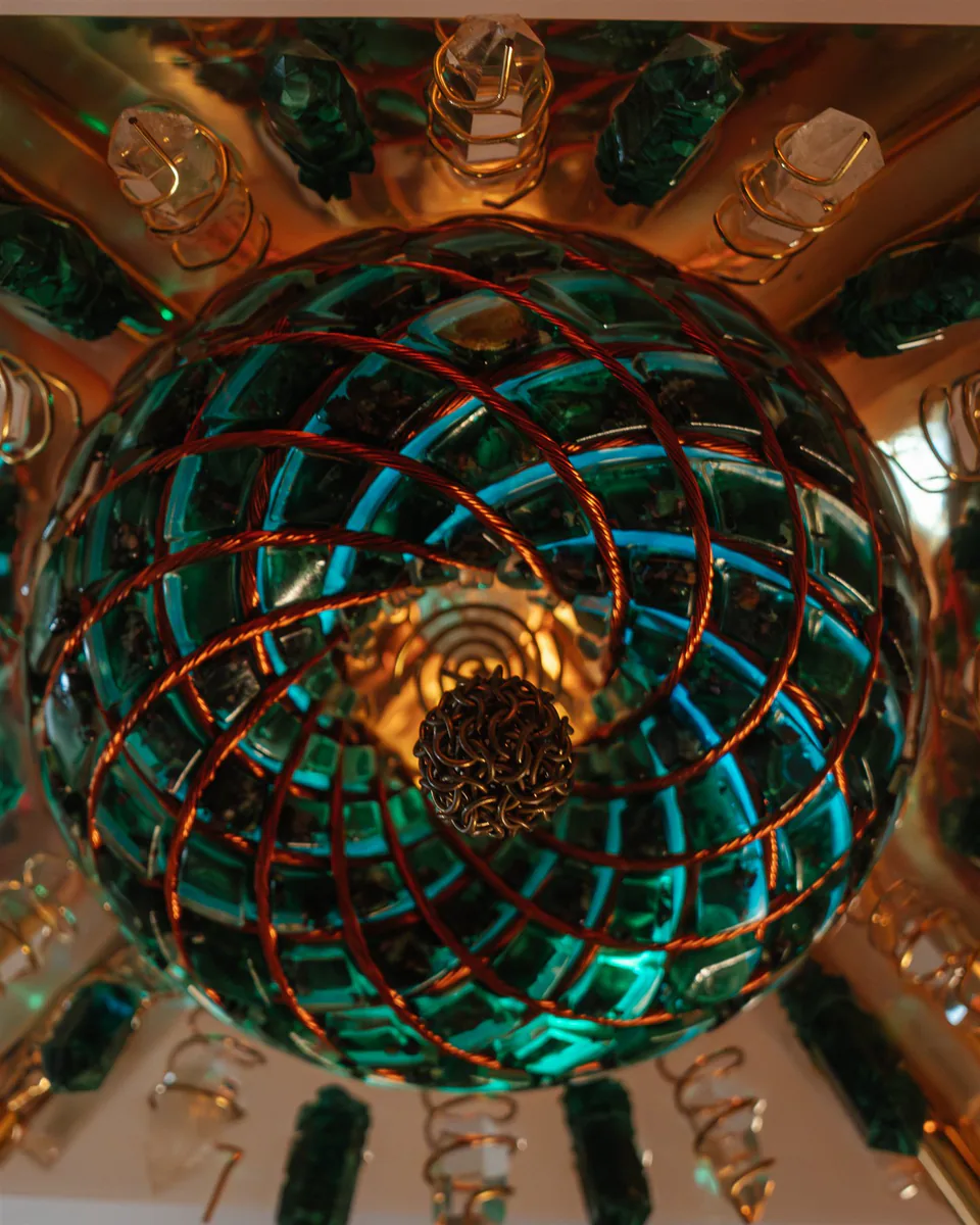 Crystal and copper detail inside the pyramid