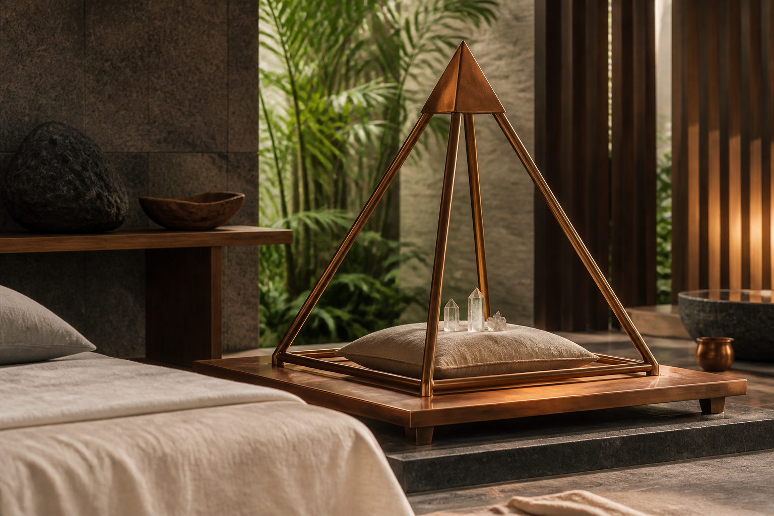 Conceptual detail of a copper pyramid wellness setting in a tropical interior
