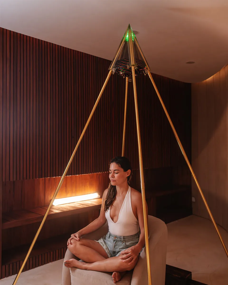 Woman meditating beneath the illuminated iPyramid
